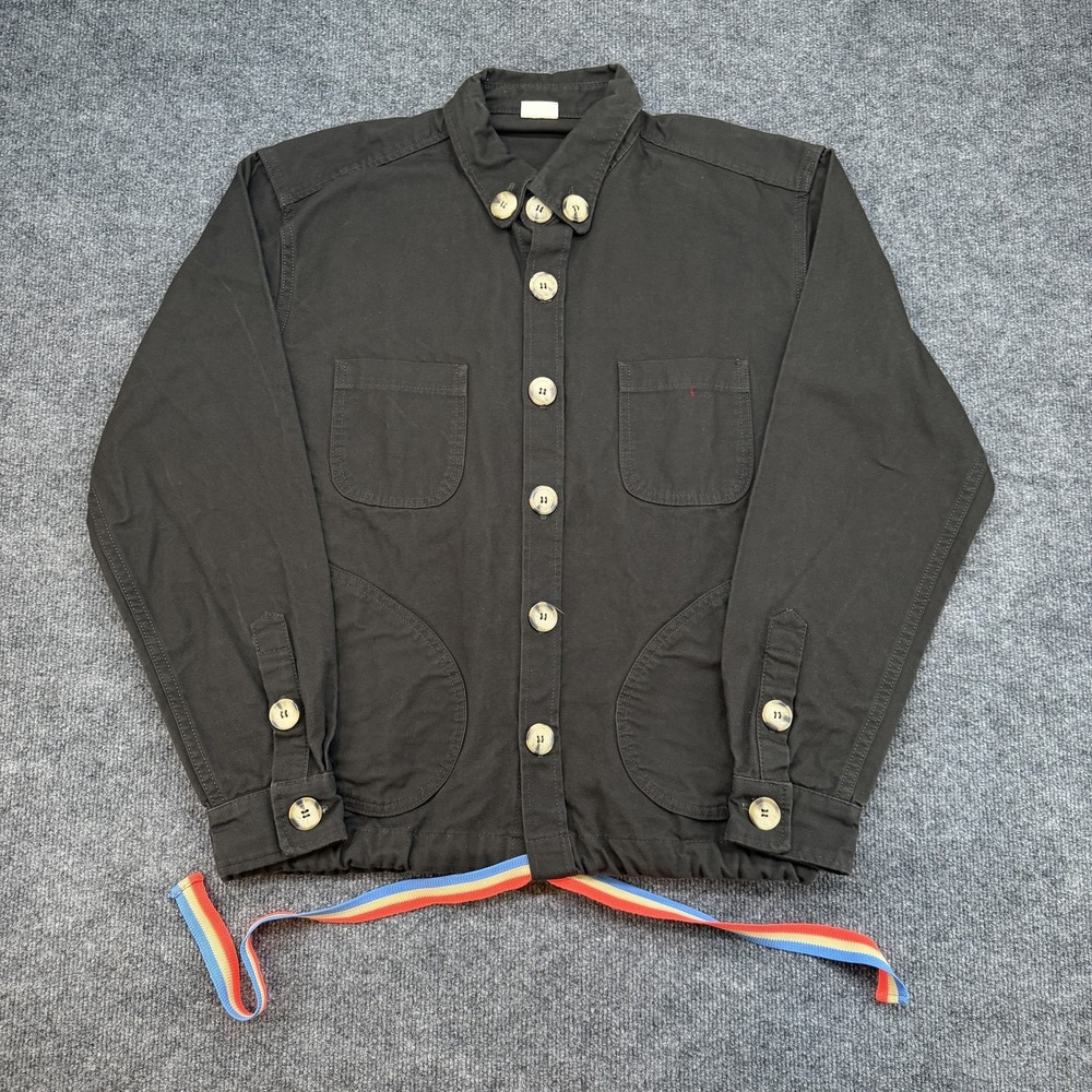 RTH Button Down Shirt Jacket Gray Size 3 Cotton Canvas Rainbow Drawstring